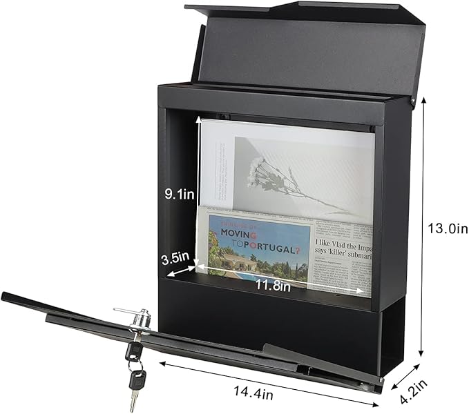 Decaller Large Capacity Mailbox with Key Lock, Wall Mount Metal Mail Box with Newspaper Compartment for Outside, 14.4" x 13" x 4.2", 938 Black