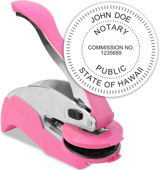 MaxMark Notary Seal Round Pink Embosser for Hawaii State - Includes Gold Burst Seal Labels (50 Count)