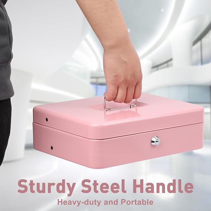 KYODOLED Locking Cash Box with Lock, Money Box with Cash Tray,Lock Safe Box with Key, Money Saving Organizer, 11.81Lx 9.45Wx 3.54H Inches, Pink XL Large