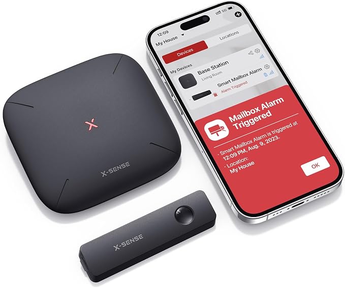 X-Sense Smart Mailbox Alarm, Wireless Long Range Mailbox Alert, Mailbox Sensor with SBS50 Base Station for Delivered Mail, SMA11