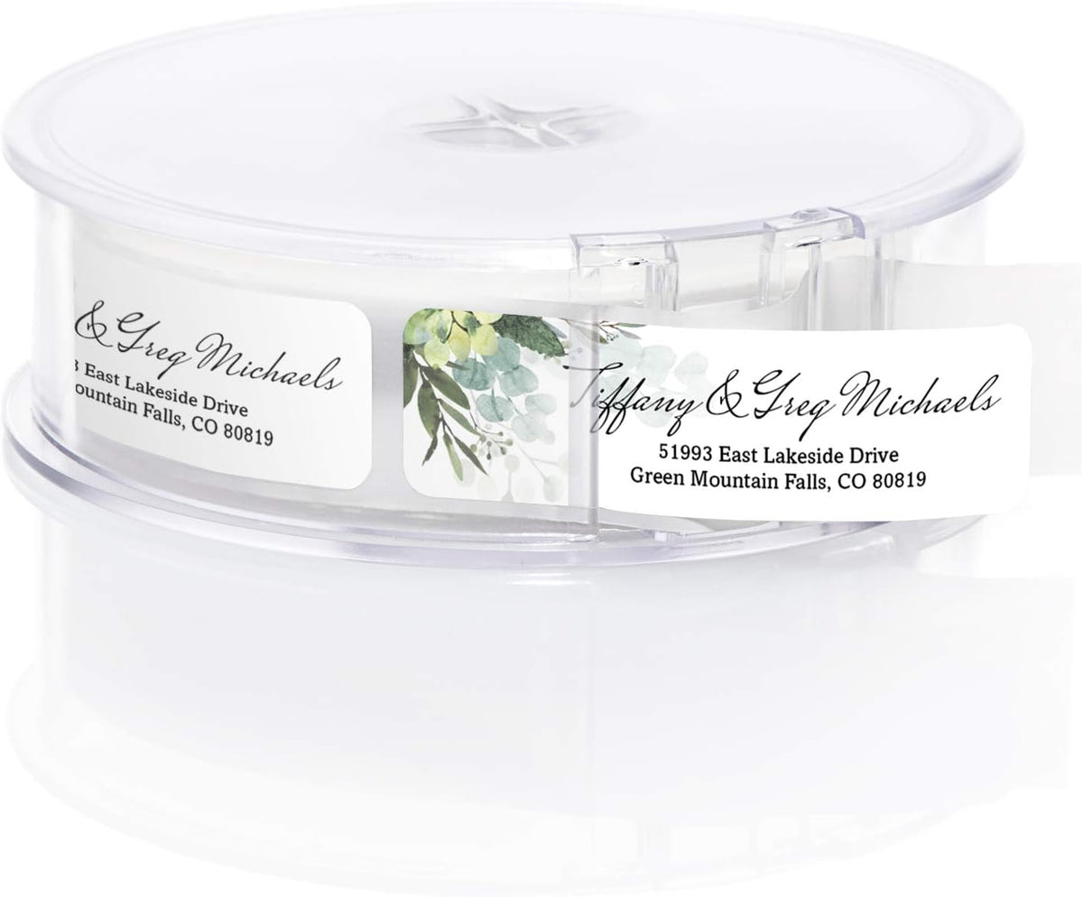Floral Greenery Rolled Address Labels/Roll of 500 Personalized Address Labels/Designer Return Address Stickers in Elegant Plastic Dispenser