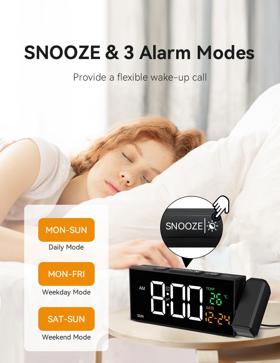 Netzu Projection Clock for Bedroom Ceiling, Alarm Clocks with 180° Rotatable Projector, Date Temperature and Weekday, Manual DST, 5 Brightness, 10 Ringtones, 4 Volumes and Snooze (Black)
