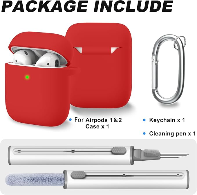 for AirPods 1/2 Case Cover,Come with Cleaner Kit,Soft Skin Silicone Case Cover with Keychain,Full Protective Case for Men and Women,Compatible with AirPods 2nd 1st Generation Case,Red
