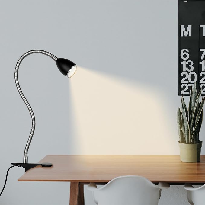 Desk lamp Eye-Caring Table Lamps, 360°Rotation Gooseneck Clip on Lamp Reading Light, Portable Reading Book Light, Clamp Light, Study Desk Lamps for Bedroom and Office Home Lighting (Black with Dimmer)