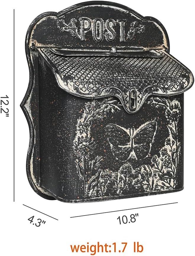 Mailbox Wall Mount Mailboxes for Outside Vintage Mail Boxes for House Outside Metal Drop Box Antique Style Nostalgic Charm Home Decorative, Butterfly Pattern, Black