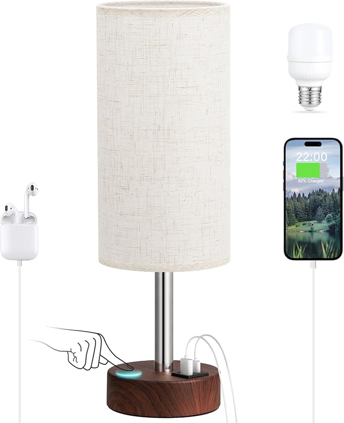 Dicoool Bedside Table Lamp for Bedroom - 3-Way Dimmable Touch Lamp, USB A+C | LED Bulb Included, 14" Small Nightstand Lamp for Desk, Living Room, Guest Room, Cream Fabric Lampshade, Redwood Metal Base