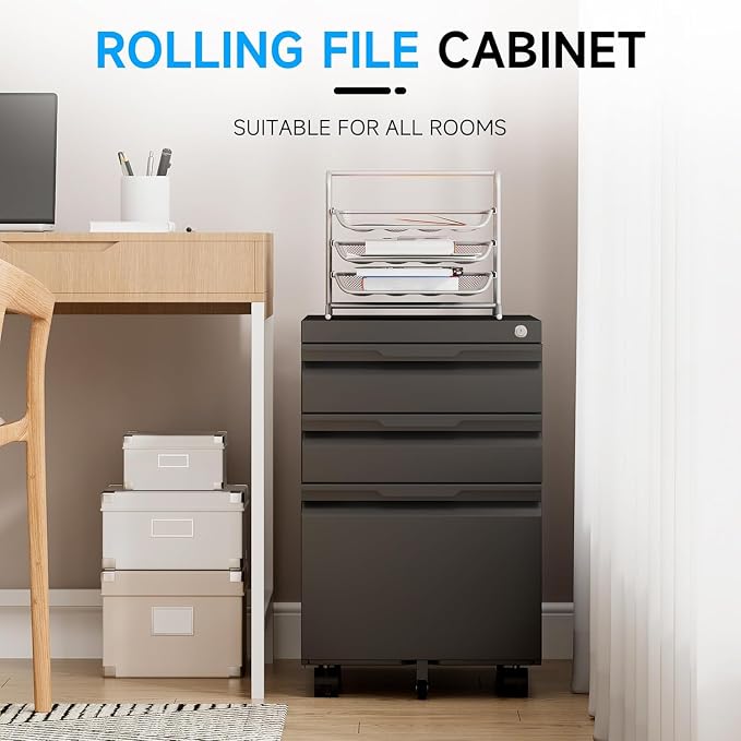 3 Drawer Mobile File Cabinet with Lock, Rolling File Cabinet with Wheels | Metal Small Filing Cabinet with Wheels for Home Office Storage, Fits Legal/A4/Letter/Document Size, Required Assembly, Black