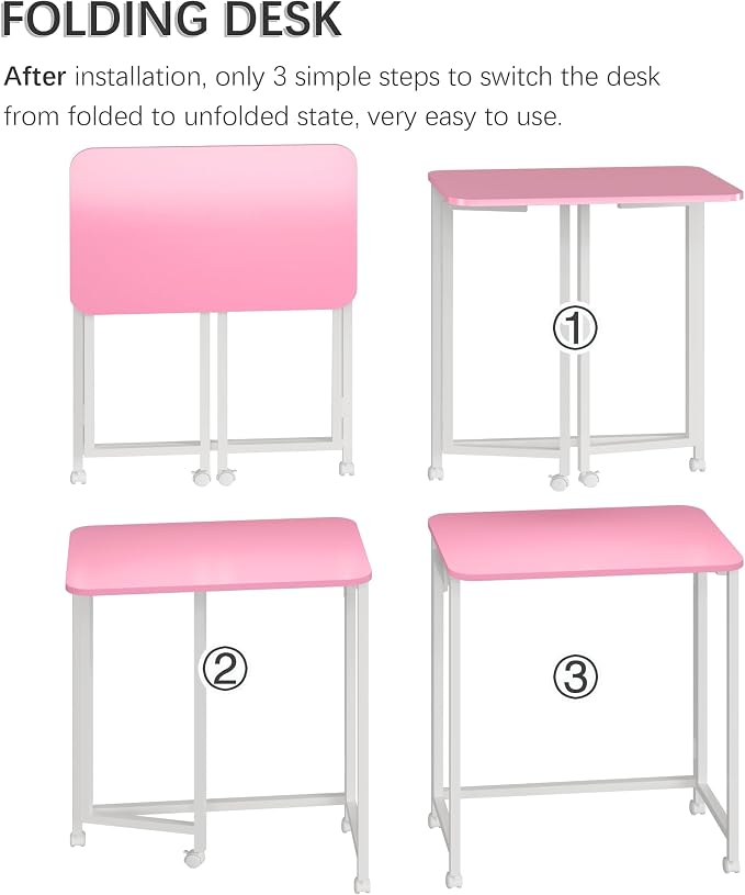 4NM 23.6" Mobile Small Rolling Computer Desk, Folding Laptop Cart Table with Wheels, Portable Office Desk for Small Space Couch Bed - Pink and White