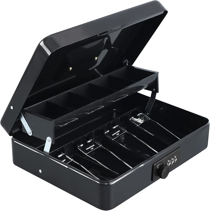 xydled Cash Box with Money Tray and Combination Lock,Tiered, Cantilever Design,4 Bill / 5 Coin Slots,11.8" x 9.5" x 3.5",Black