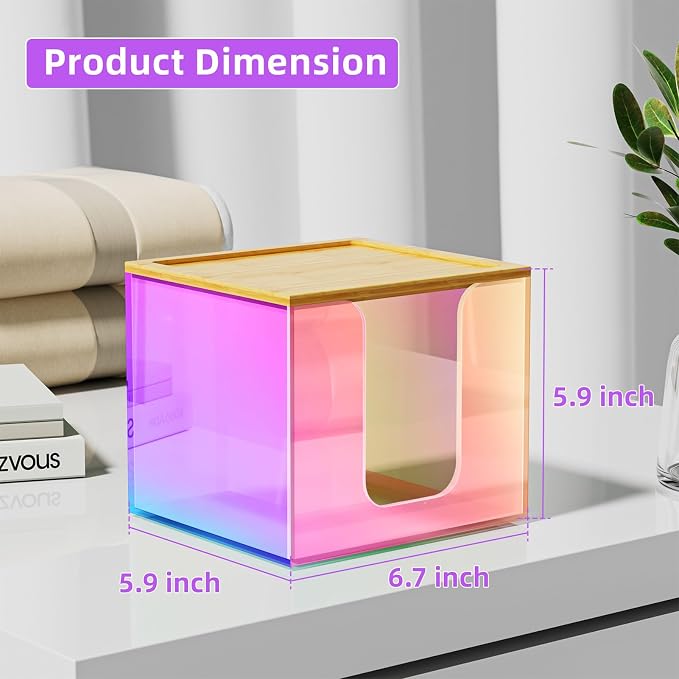 VITVITI Disposable Face Towel Holder for Clean Skin Club, Acrylic Box | Rainbow XL Face Towels Holder Container, Facial Towel Storage with Bamboo Lid, for Bathroom, Vanity Makeup