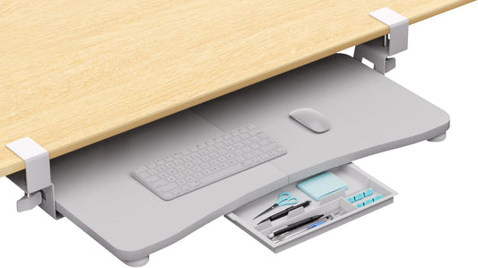 Desktop Keyboard Tray, Under Desk Pull Out,25.59" X 11.81" Large Size Radian Keyboard Tray with C-Clip Mount, Easy Installation, Computer Keyboard Stand, for Home Study and Office(White)