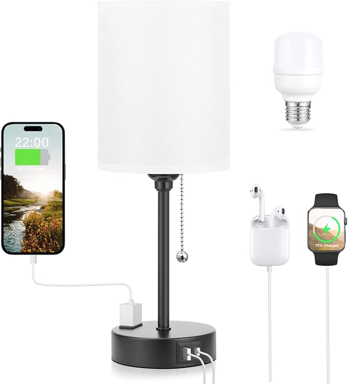 Dicoool Bedside Table Lamp for Bedroom - Small Desk Lamp with USB Ports | USB A+C Ports, AC Outlet, 3 Color Temperatures, LED Bulb Included, White Fabric Shade, Black Metal Base, 14" Nightstand lamp