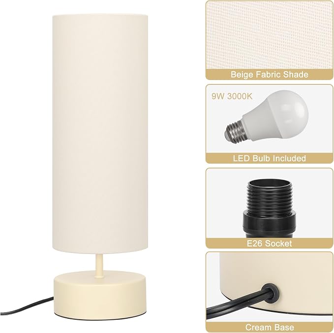 Touch Control Table Lamp, 3 Way Dimmable Bedside Lamp, Modern Desk Lamp | Simple Nightstand Lamp, Cream Base with Beige Shade, Night Light for Bedroom Living Room Home Office, LED Bulb Included