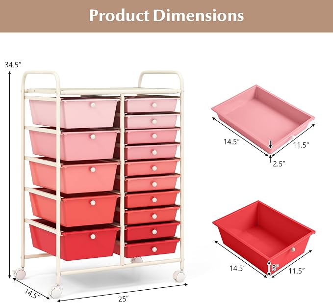 COSTWAY 15 Drawer Rolling Storage Cart, Mobile Storage Organizer | Removable Drawers & Metal Frame, Multipurpose Utility Tools Paper Organizer on Wheels for Home, Office (Mixed Pink)