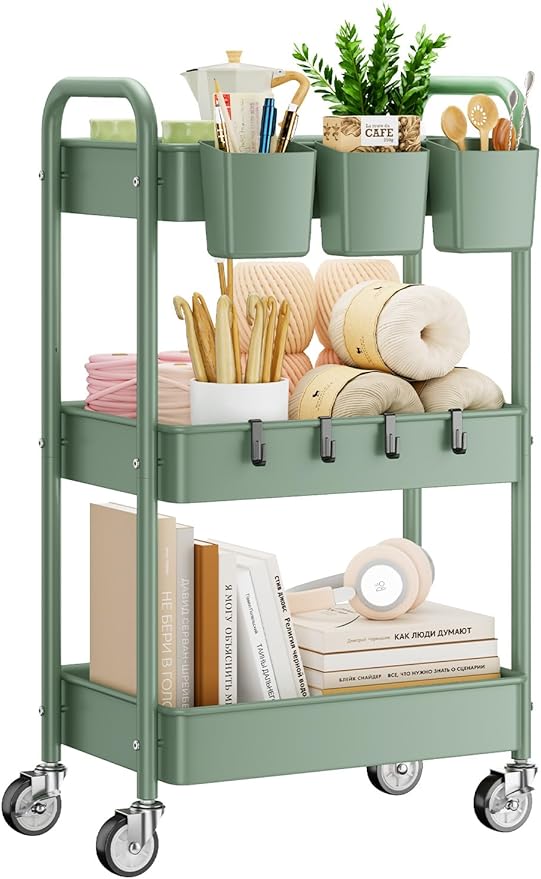 3-Tier Rolling Cart, Green, 66 Pounds Capacity, Mesh Storage Organizer with Lockable Wheels, 3 Hanging Cups, 4 Hooks, Easy Assembly, for Kitchen, Bathroom, Laundry, Grocery | Sturdy Rolling Storage Cart With Hooks & Hanging Cups, Great For Craft, Art W...
