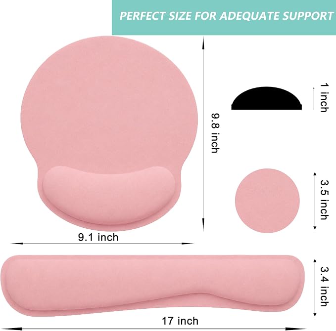 Keyboard Wrist Rest Pad Mouse Pad with Wrist Support Set of 3, Mousepad with Non-Slip Rubber Base, Ergonomic Memory Foam Mouse Wrist Cushion Support for Home Office Laptop Computer, Pink