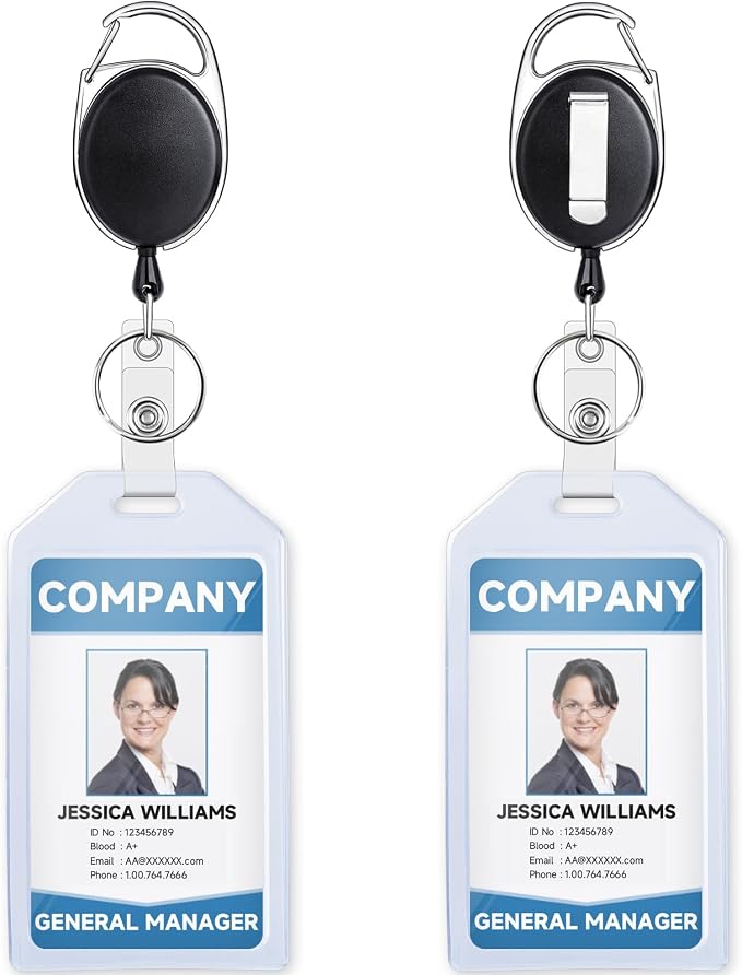 Teskyer 2 Pack Heavy Duty Retractable Badge Holders with Carabiner Reel Clip and Extra Thick Clear Name Tag ID Card Holders, Vertical