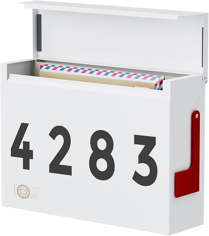 Modern Mailboxes for Outside, Metal Wall Mount Mailbox, with One Flag Kit and Three Sets of Mailbox Number Stickers, 3.9" D×14.2" W×10.2" H, Rust Resistant Coating Mail Boxes for House, White