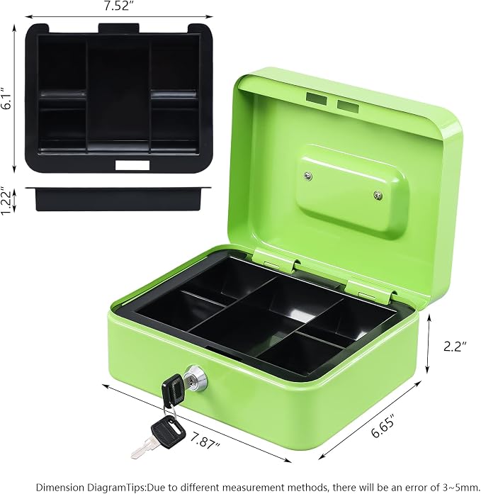 KYODOLED Medium Cash Box with Money Tray,Small Safe Lock Box with Key,Cash Drawer,7.87"x 6.30"x 3.54" Limegreen Medium