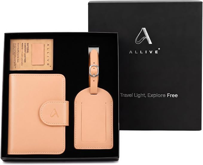 ALLIVE Rfid Passport Holder for Travel Women, Rfid Passport Cover Wallet, Genuine Leather Passport Holder for Travel with AirTag Hidden, Gift Set with Luggage Tag in Premium Gift Box (Beige)