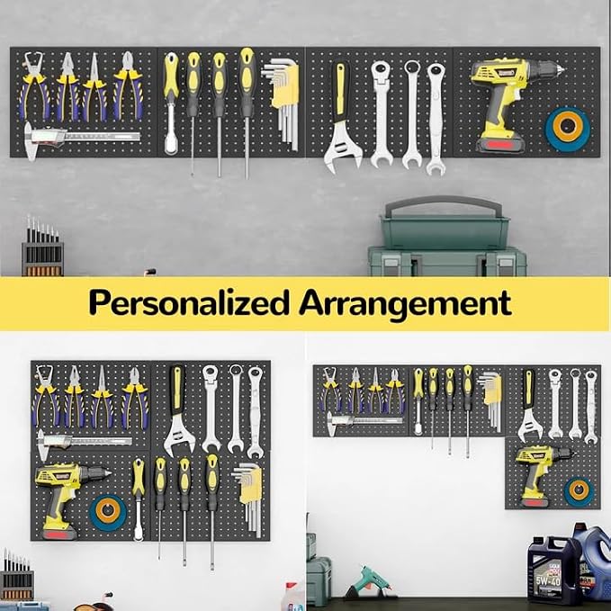 4 Pack Peg Board, 16" x 12" Wall Organizer, Metal Pegboard Panels with 70 Hooks for Walls, Garage, Craft Room, Black
