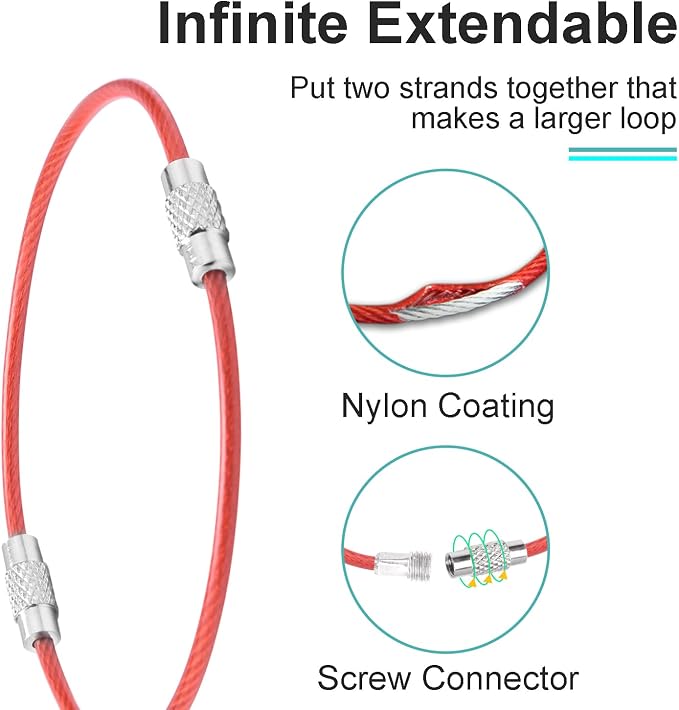 CooBigo 12 Pack Small Keychain Key Ring Holder 4 Inch Travel Luggage Tag Loops Wire Cable Key Chain for Hanging Car Keys Dog Tag Rings Keeper (Thick: 2mm, Red)