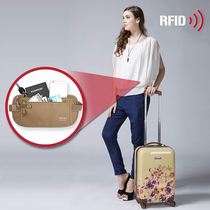Money Belt - Passport Holder Secure Hidden Travel Wallet with RFID Blocking, Undercover Fanny Pack (Beige)