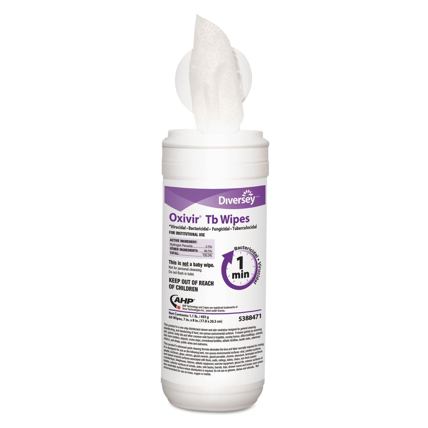 Oxivir Diversey Tb 5388471 Ready-to-Use Disinfectant Cleaning Wipes, Accelerated Hydrogen Peroxide, Large 7x8-Inch Sheets, 60-Wipes, 1-Slim Canister