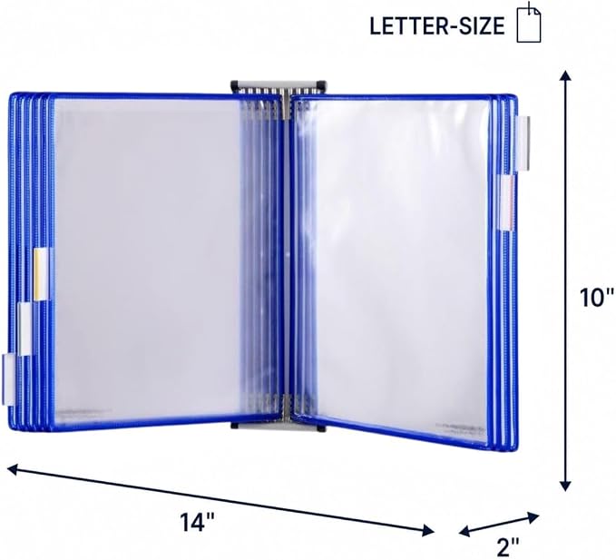Tarifold Wall Mount Reference System, 10 Pockets, Expandable, Blue | 10 double-sided PVC pockets hold 20 letter-size sheets, sturdy wall-mount bracket, snap-on index tabs, easy to install