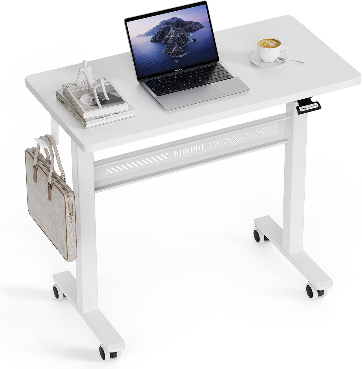 Mobile Standing Desk with Wheel, Pneumatic Height Adjustable Standing Desk for Walking Pad, Rolling Computer Workstation with 28.3"–42.5" Height, 31.5" x 15.7" Desktop for Home Office (White)