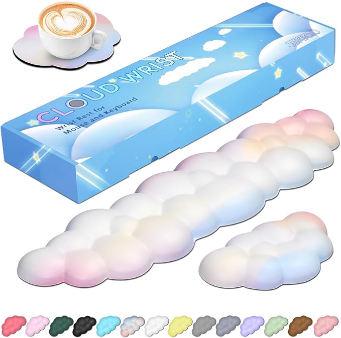 JIKIOU Upgrade Leather Cloud Wrist Rest for Keyboard and Mouse & Cup Pad | Wish Gift-Cute Cloud Shape, Comfortable and don’t Irritate to Skin, Non-Slip PU Base,Soft Memory Foam filled for Pain Relief