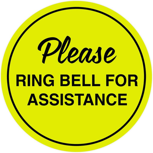 Signs ByLITA Circle Please Ring Bell For Assistance Wall or Door Sign | Easy Installation | Front Desk Reception Sign (Yellow/Black) - Large (1 Pack)