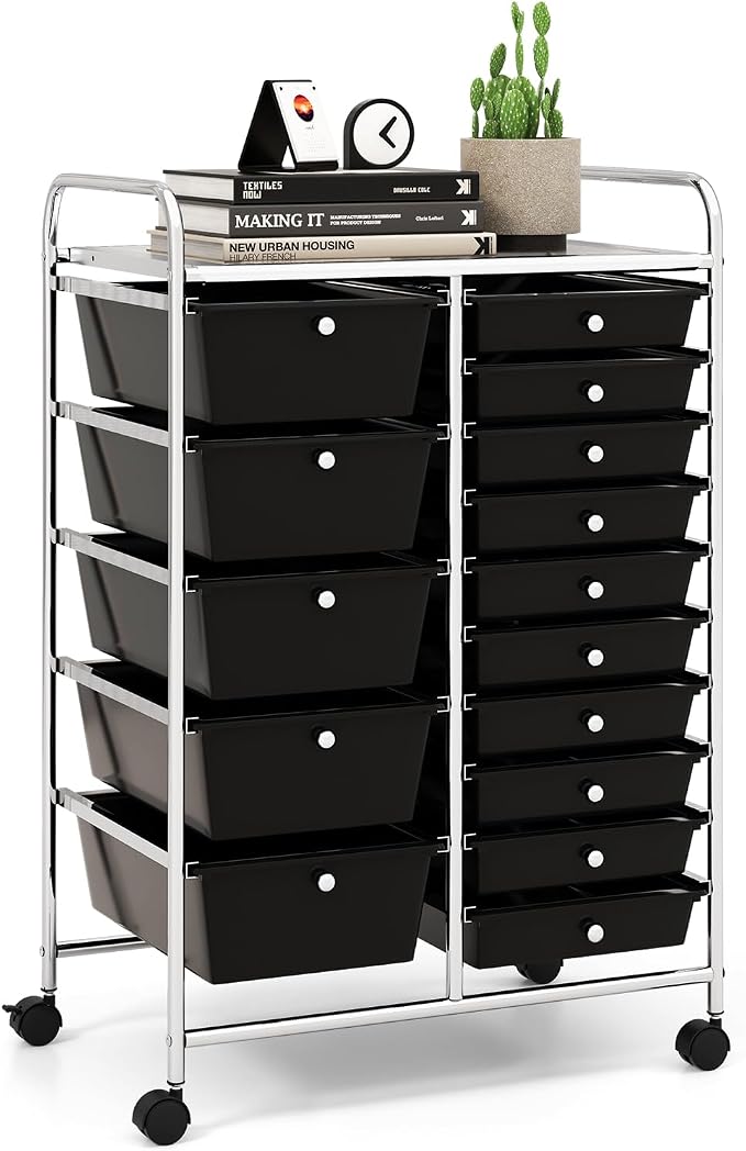 15 Drawer Rolling Storage Cart, Rolling Cart with Drawers for Classroom, Art Supply Craft Organizer on Wheel with Metal Frame & Handles for Home Office School