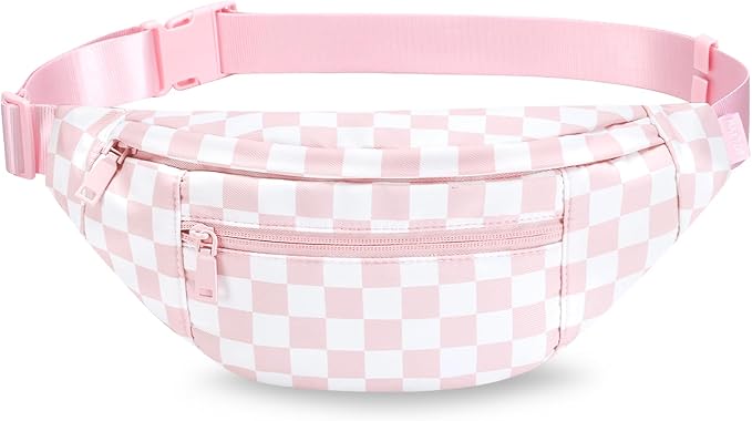 Crossbody Fanny Pack for Women Pink Checkered Bag with 4-Zipper Pockets | Pink and White Checkered, Stylish,Large Capacity,Hands-Free ,Idea for Enjoy Shopping Sports Traveling Running Casual