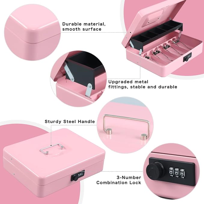 xydled Cash Box with Money Tray and Combination Lock,Tiered, Cantilever Design,4 Bill / 5 Coin Slots,11.8" x 9.5" x 3.5",Pink