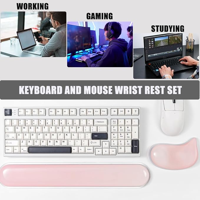 Gel Keyboard and Mouse Wrist Rest Set –Pink Clear Wrist Rest for Computer Keyboard 60%/68%/75%, Comfort & Support for Typing and Gaming