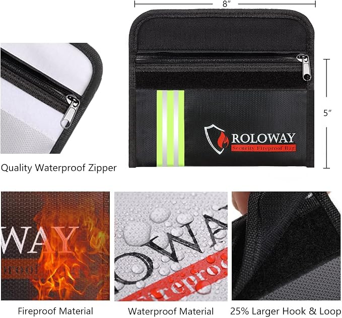 Small Fireproof Bag (5 x 8 inches) with Reflective Strip, Fireproof Money Bag for Cash, Valuables, Passport, Currency & Keys (2-Pack)