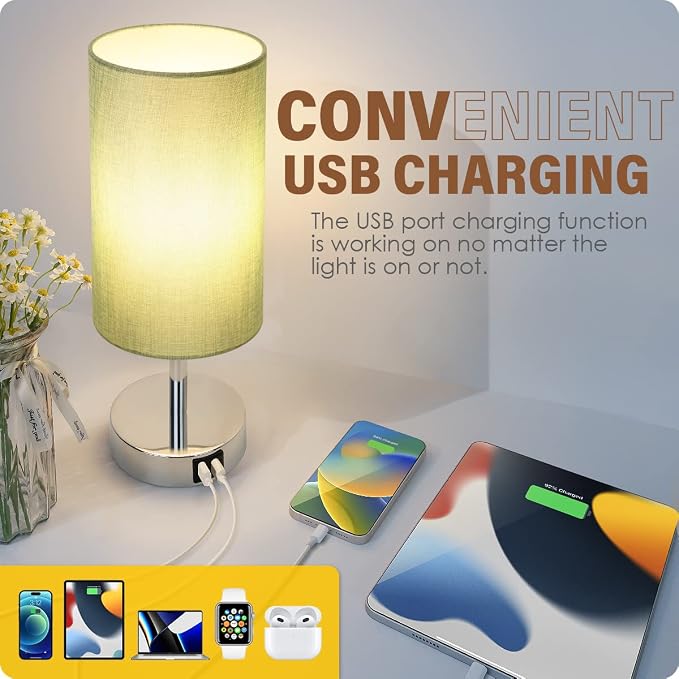Yarra-Decor Bedside Lamp with USB Port - Touch Control Table Lamp for Bedroom 3 Way Dimmable Nightstand Lamp with Round Denim Fabric Shade for Living Room, Dorm, Home Office (LED Bulb Included)