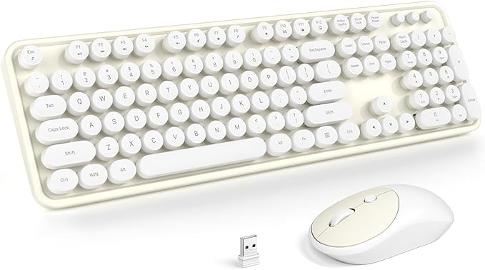 MOFII Wireless Keyboard and Mouse Combo, Computer Full Size 2.4G Plug and Play Wireless Typewriter Retro Round Keyboard and Mouse Set for Windows, Computer, Desktop, PC, Notebook - (Off White)