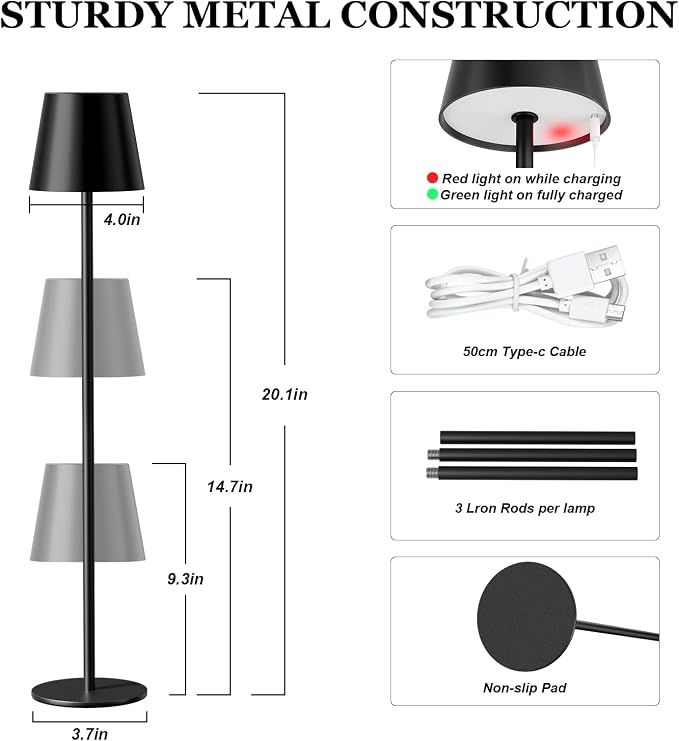 Kakanuo 20" Black Cordless Table Lamp Rechargeable - 2 Pack 5000mAH Battery Operated Lamp for Counter, 3 Color Stepless Dimming Wireless Lamp for Dining Table, Touch Control