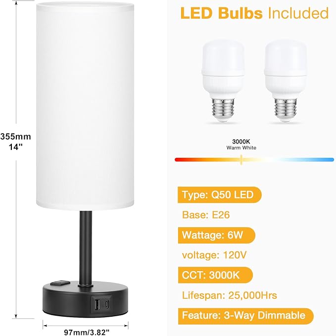 Touch Bedside Table Lamps Set of 2 - Bedroom Lamp with USB A+C, AC Outlet | 3-Way Dimmable, LED Bulb Included, White Fabric Lampshade, Matte Black Metal Base & Pole, 14" Small Nightstand Lamp for Desk