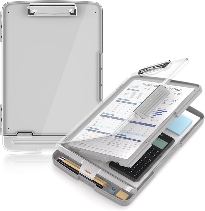 Clipboard with Storage and Pen Holder, Gray 8.5 x 11'' Folder Side Open, Heavy Duty with Dual Compartment, Clear Dry Erase for Coach, Size 14.5 x 9.8 x 1.5'', Office & School Supply