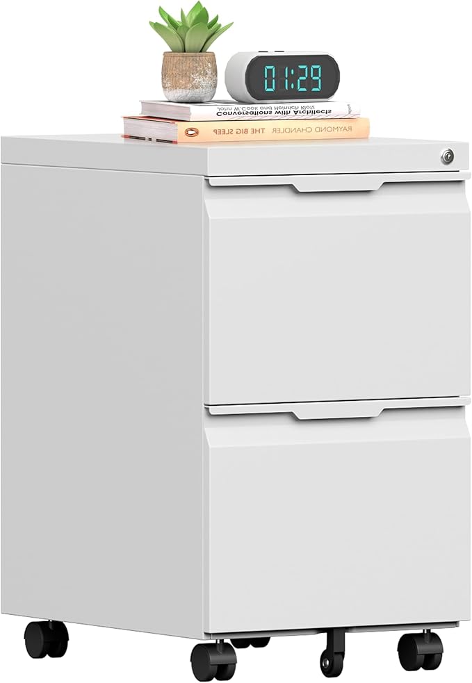 2 Drawer Mobile File Cabinet with Lock, Rolling File Cabinet with Wheels | Metal Small Filing Cabinet with Wheels for Home Office Storage, Fits Legal/A4/Letter/Document Size, Required Assembly, White