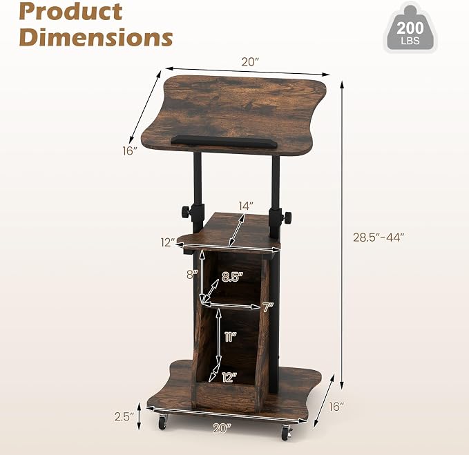 Tangkula Mobile Lectern Podium, Height Adjustable Podium Stand, Sit-to-Stand Desk with Tilting Tabletop & Storage Shelves, Rolling Laptop Cart Desk with Lockable Casters for Home Office School