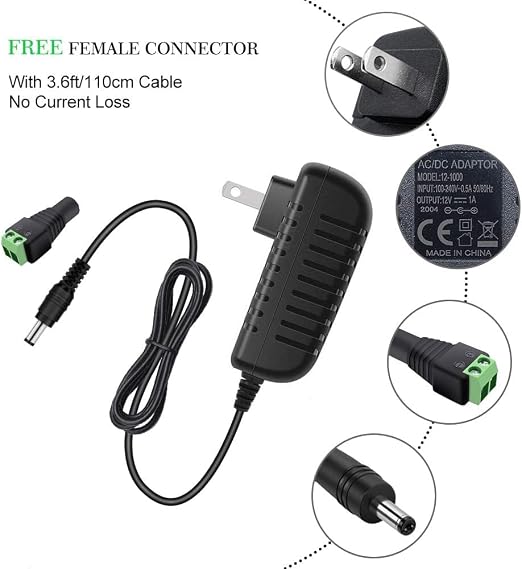 12V Power Supply, 12 Volt 1A 12W DC Power Supply, Black LED Power Adapter, AC 110V to 12V Wall Mounted Transformer Plug for LED Strip Lights with 5.5/2.1 DC Female Connector, 3 Pack
