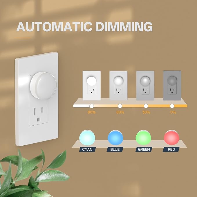 Mini Plug in Night Light, Dusk to Dawn Sensor, 4-Color, LED Toilet Night Lights, Dimmable Color Changing, for Kids Breastfeeding, Sleep Aid, Bedroom, Nursery, Hallway, 4Pack