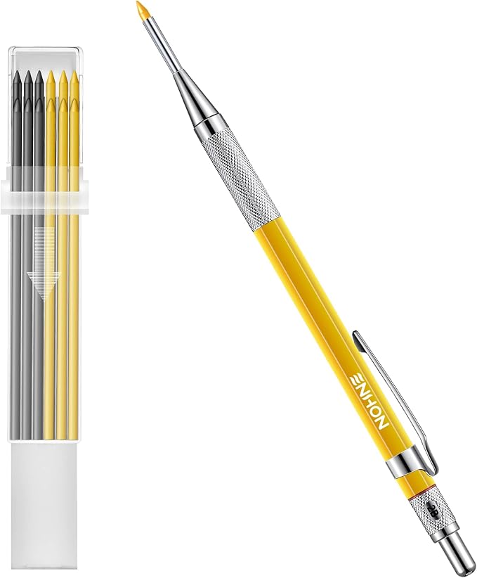 Enhon 2mm Carpenter Pencil Set with 12 Refills and Sharpener, Yellow | Woodworking Marking Tool Solid Deep Hole Construction Mechanical Pencil, Extended Needle-Nose Tip for Use in Jobs