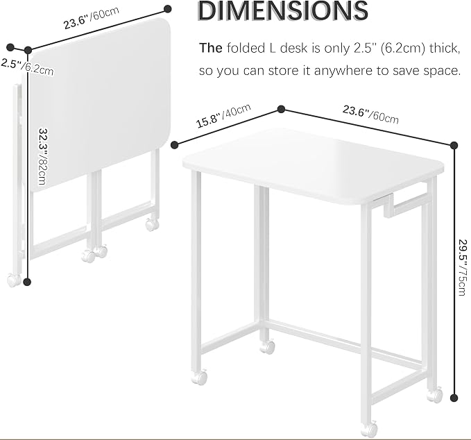 4NM 23.6" Mobile Small Rolling Computer Desk, Folding Laptop Cart Table with Wheels, Portable Office Desk for Small Space Couch Bed - All White
