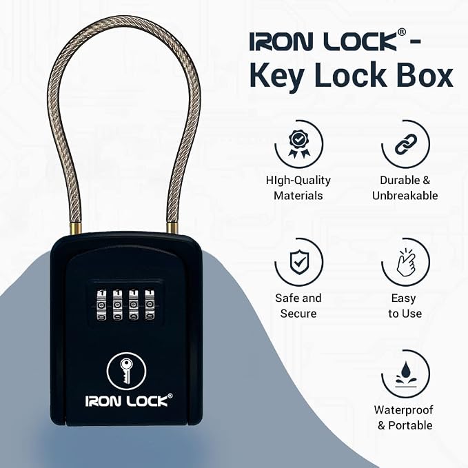 Iron Lock® Key Lock Box with Code, Portable Cable Shackle (Small, Black) | Holds 2-3 house keys or an access card; 11-in steel cable loops on gate or rail; weather-resistant; no app or battery