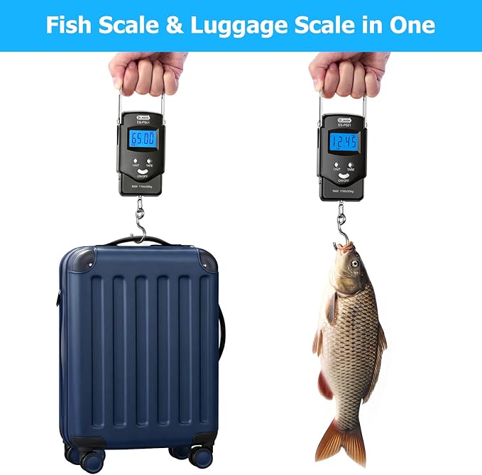 Dr.meter Fish Scale, 110 lb Digital Luggage Scale with Tape | 110 lb Capacity, Backlit LCD, Built-In Tape, Includes 2 AAA Batteries, Compact Pocket Size